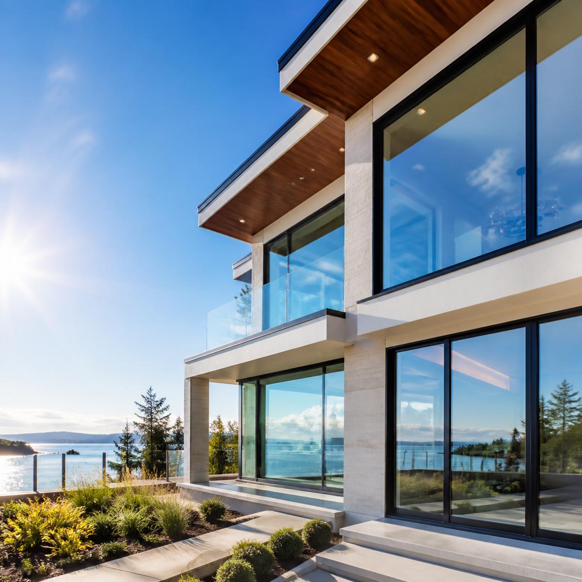 Maison moderne avec de grandes baies vitrées propres et lumineuses